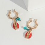 Gold Bamboo Style Hoop Shell Drop Earrings