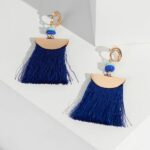 Blue Circle Post Tassel Drop Earrings