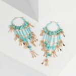 Blue Metal And Beaded Tassel Drop Earrings